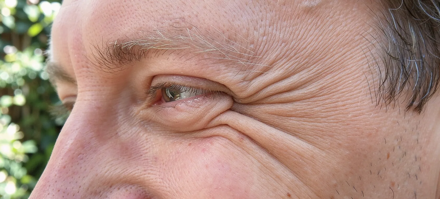 Fine lines gather at the outer corner of a man's eye as he laughs.
