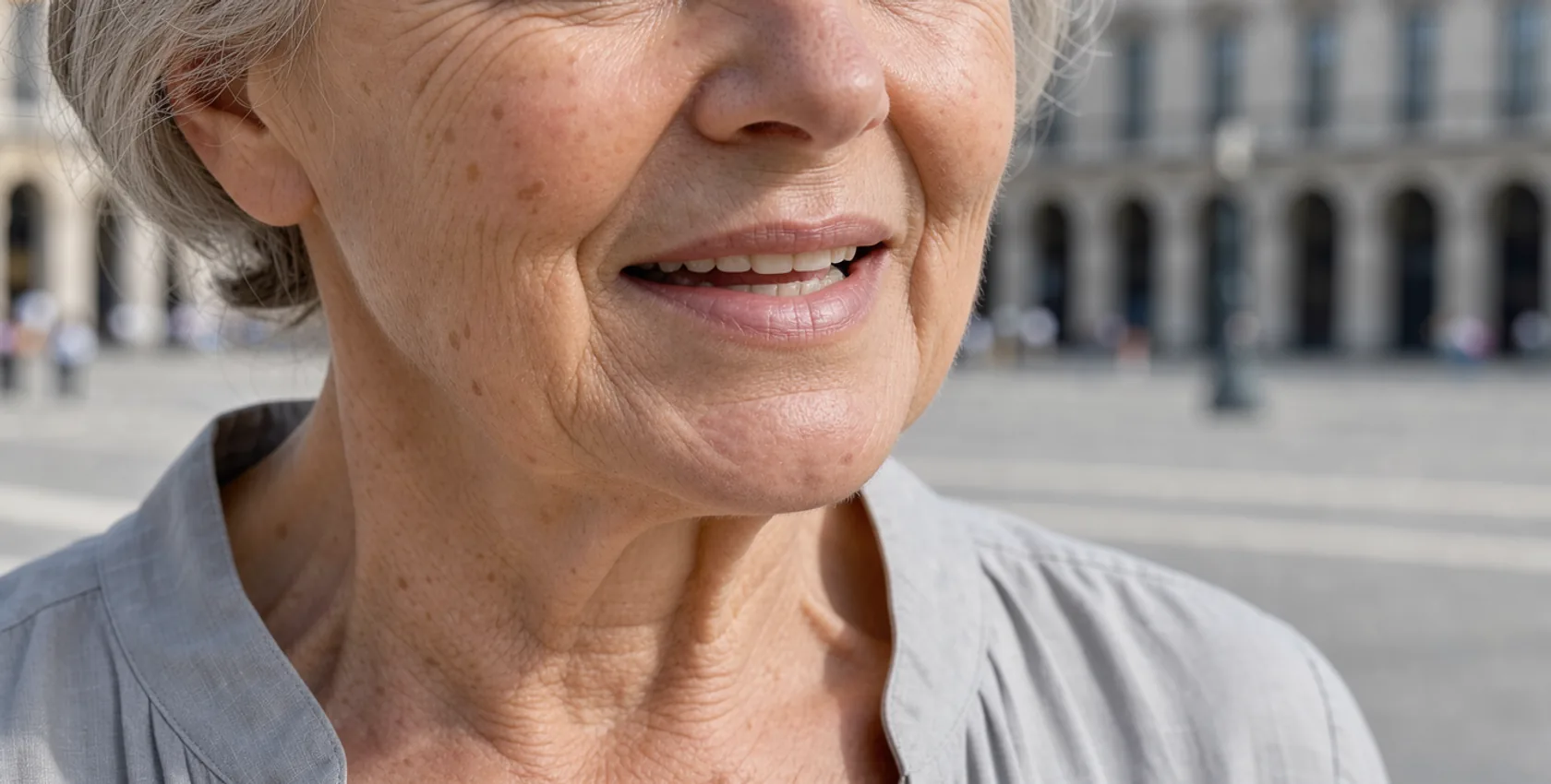 Smile lines gather around an older woman's mouth as she talks in a public square.