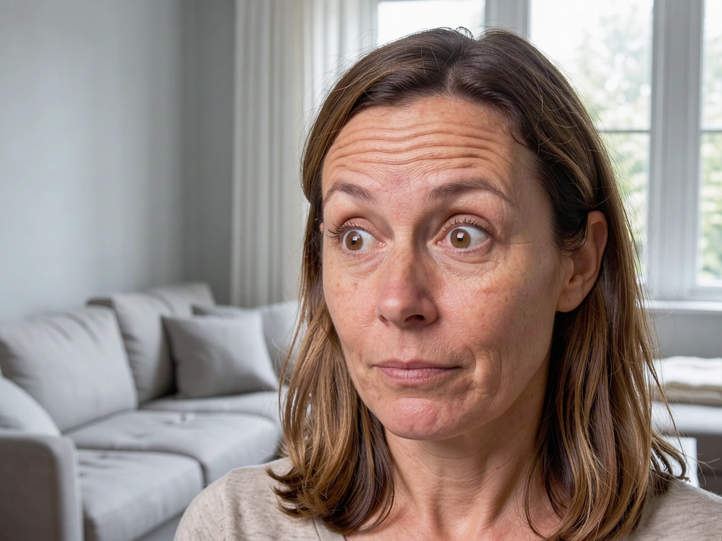 A woman raises her eyebrows mid-conversation, with natural creases across her forehead.