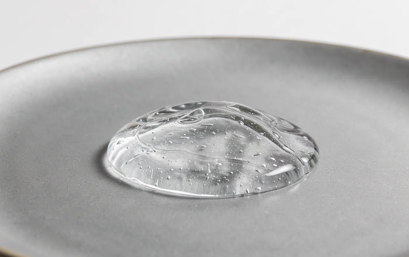 Clear gel on a silver ceramic surface.